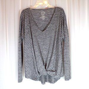 Maurices 24/7 Top Womens Small Black Gray Silver Striped Sparkly Twist Front